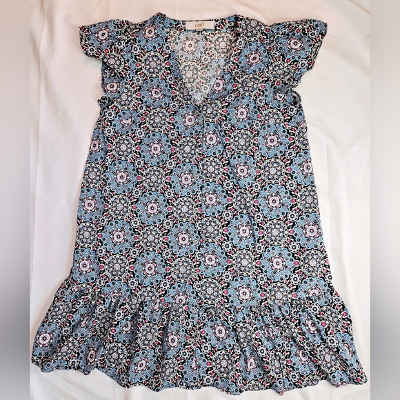 Loft Womens Blue Multicolor Patterned Short Sleeve Button Up Mini Dress Size XS - Picture 1 of 10